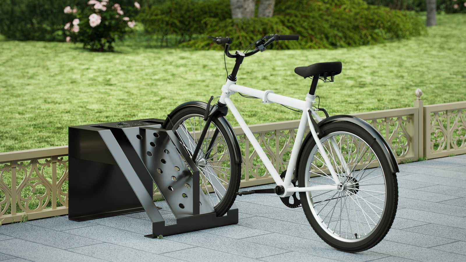 Outdoor bike rack with parked bicycle on a city street