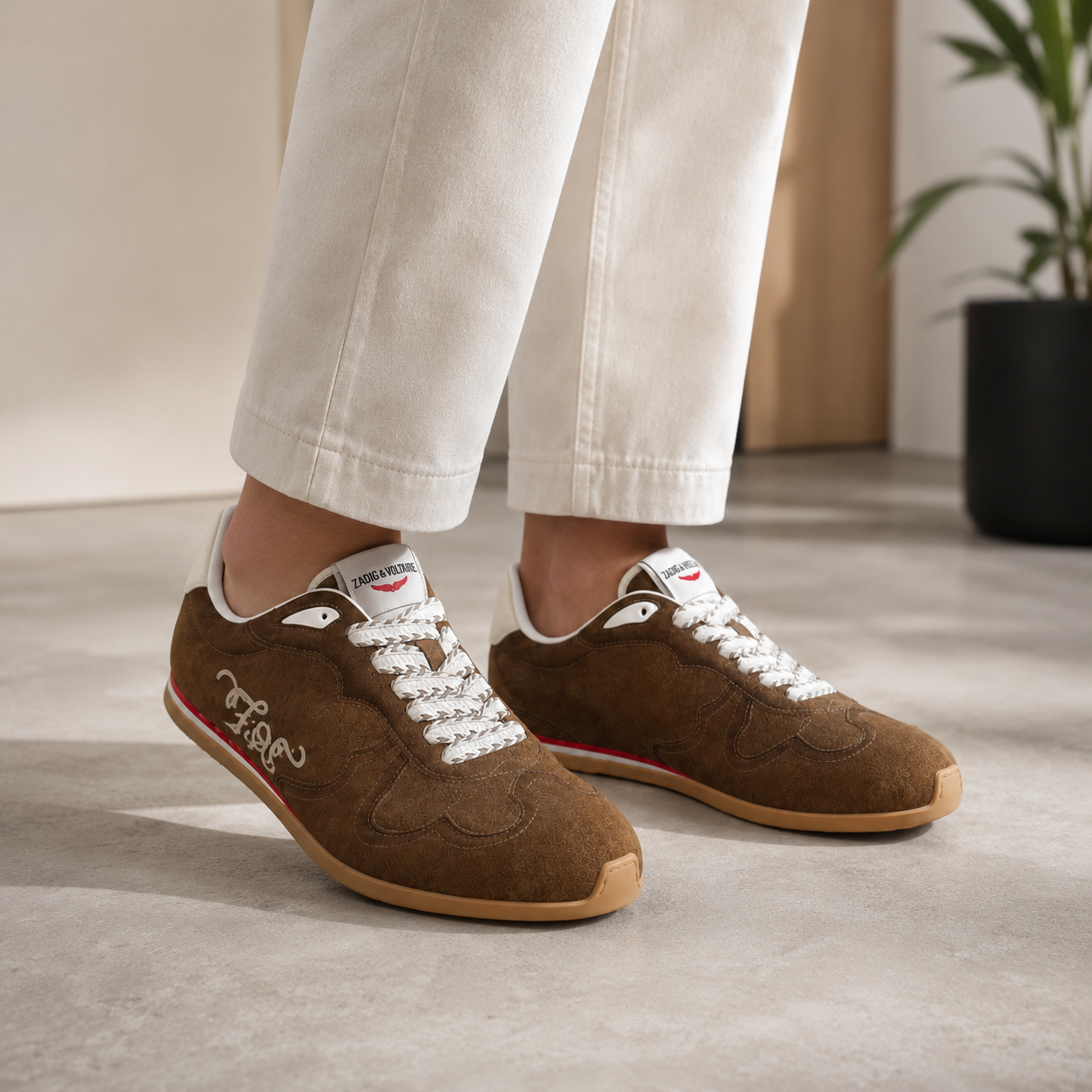 Brown suede sneaker — on-foot lifestyle