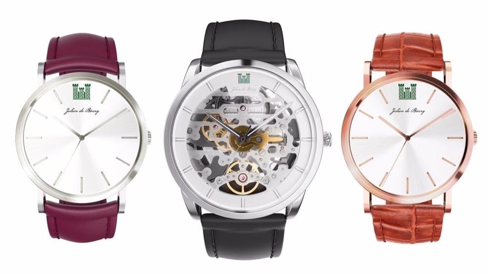 Group silo render of the Julien de Bourg watch collection — multiple models with strap and dial variants