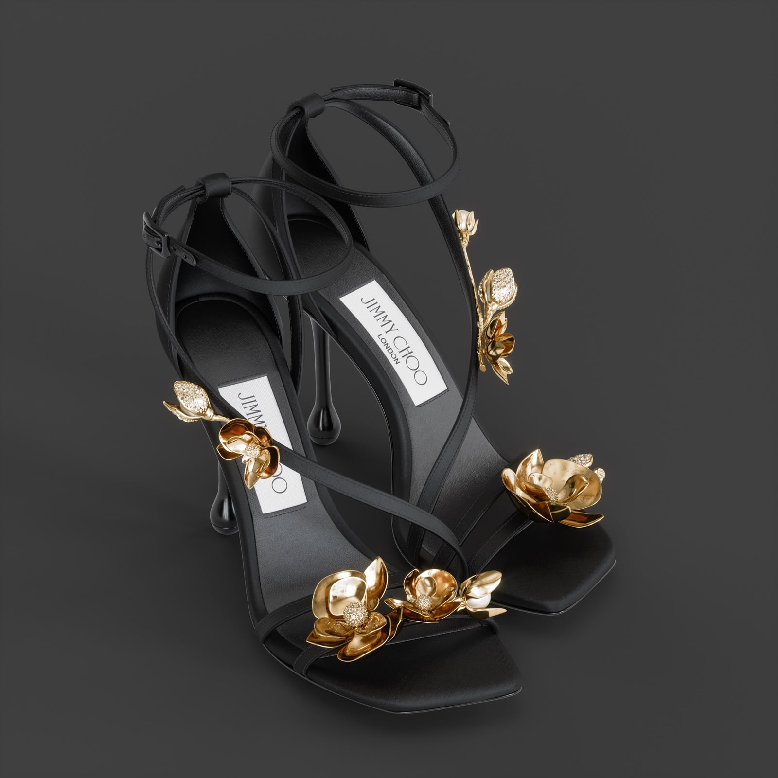 Black floral heeled sandal — main render