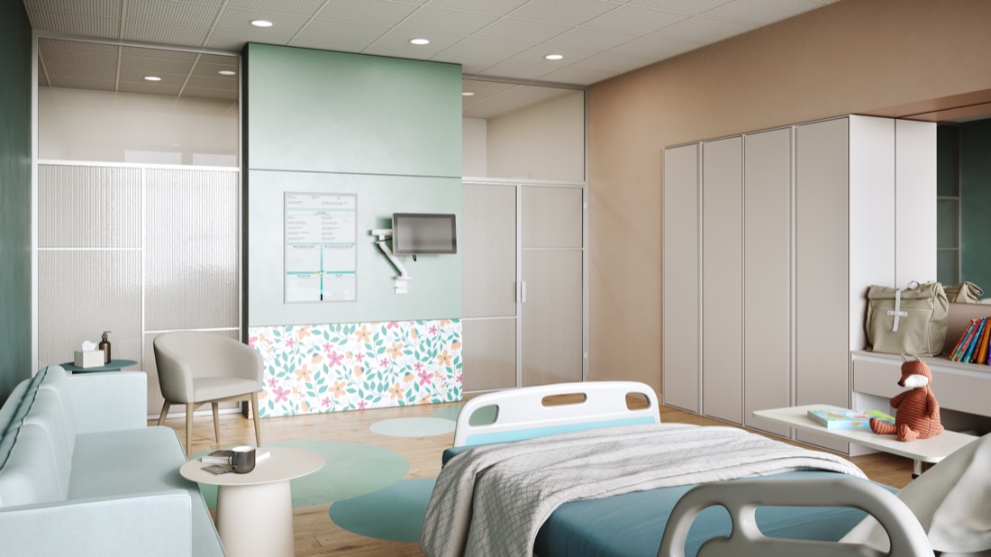 Trade-show key visual — lab and medical furniture scene