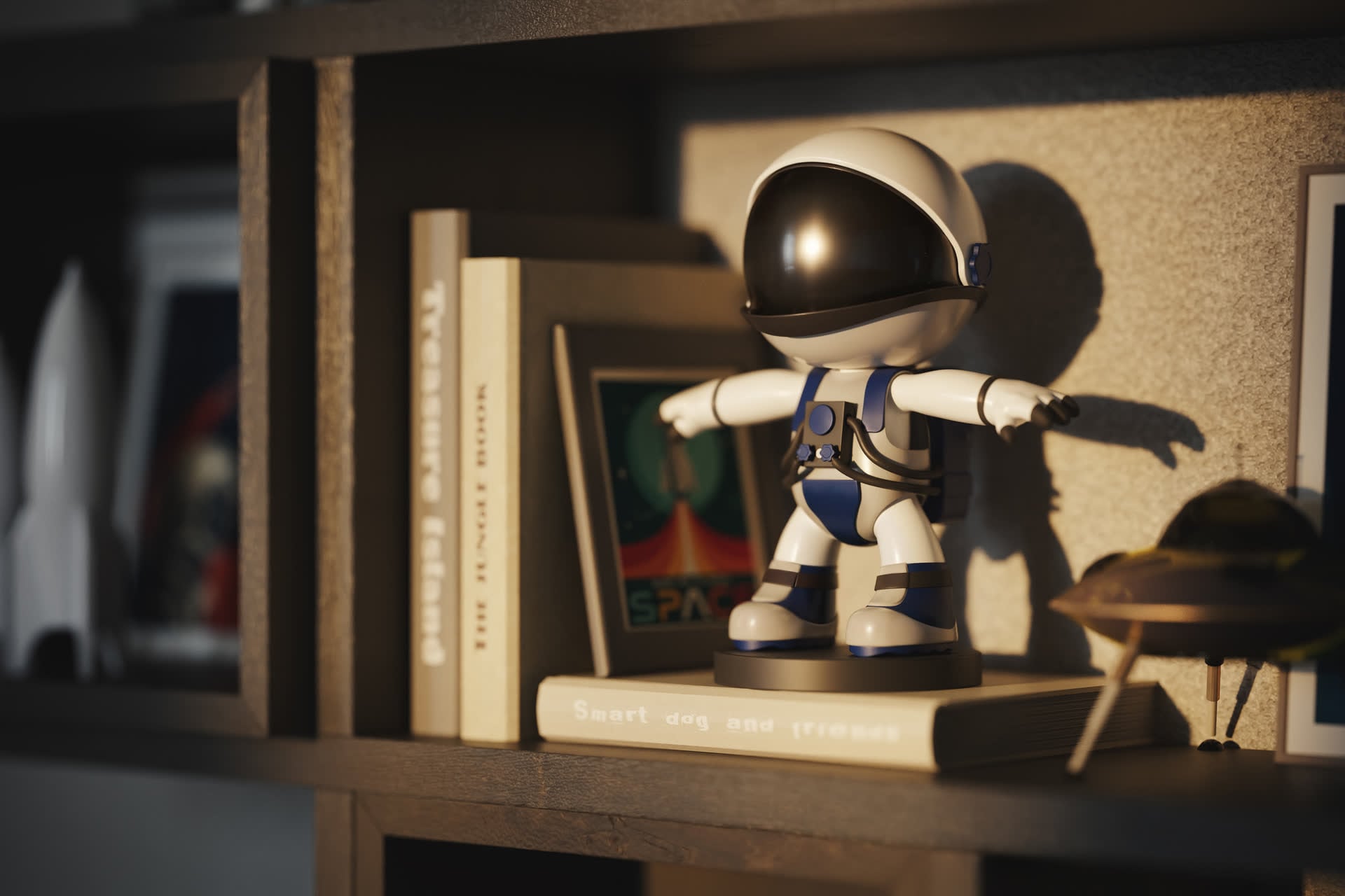 3D rendering of an astronaut figure toy on a wooden bookshelf with rocket and UFO props