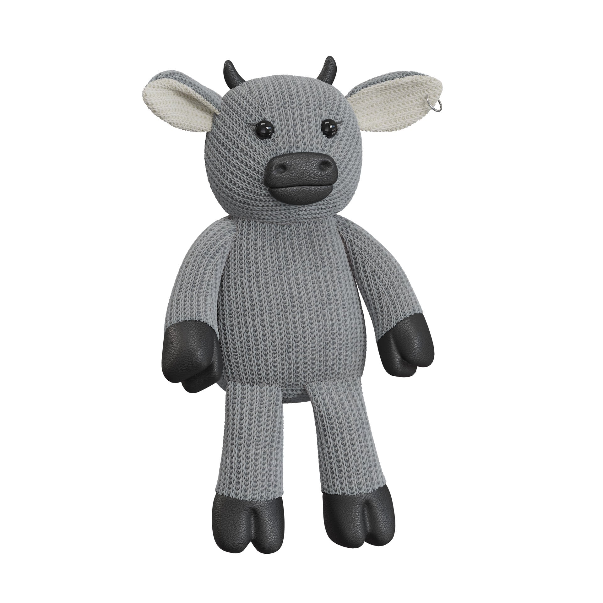 Studio silo 3D rendering of a knitted plush bull-character toy on a white background