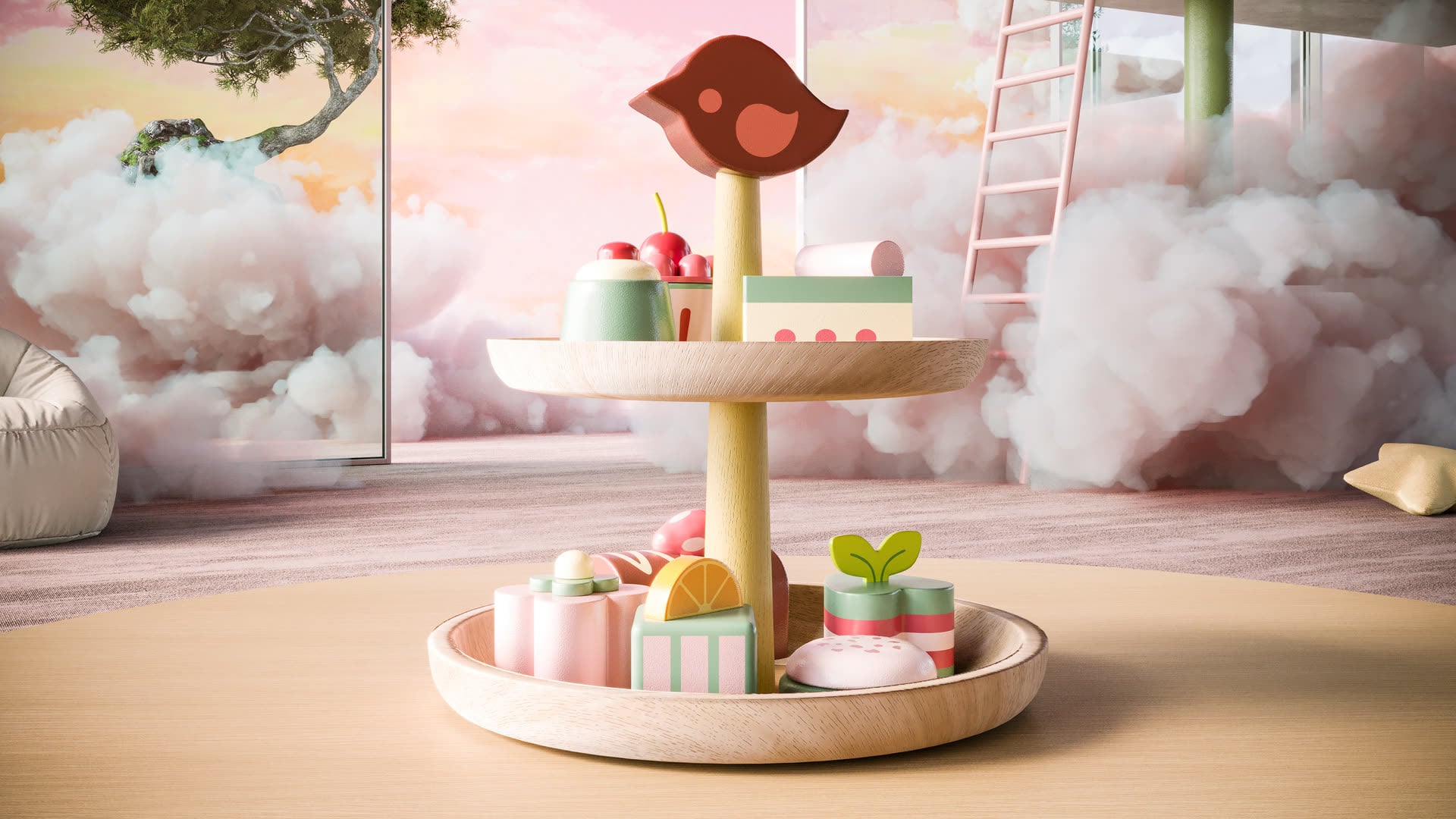 3D rendering of a two-tier cake stand with miniature wooden cakes and fruits in a pastel cloud scene