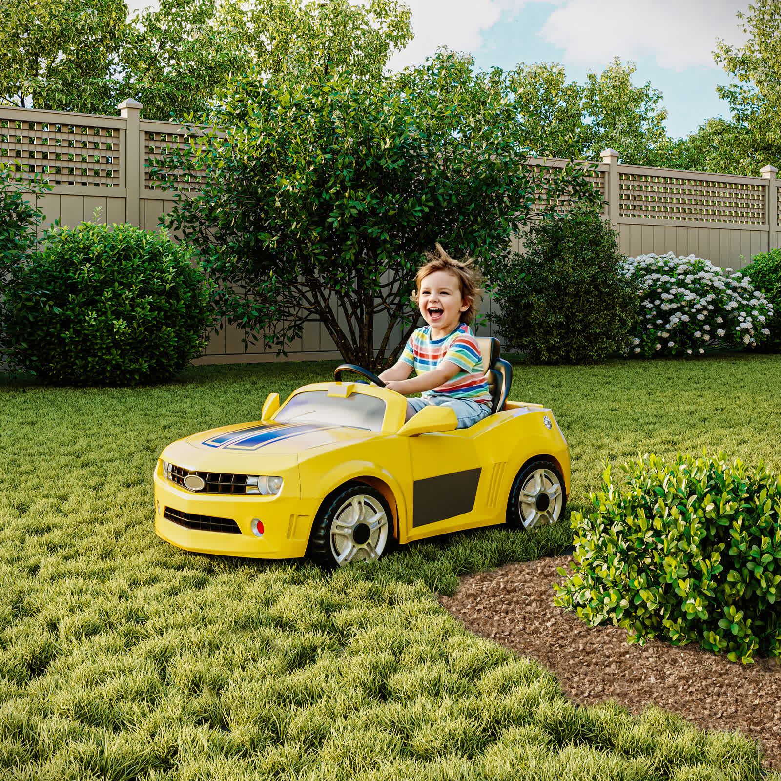 3D rendering of a child laughing while riding the yellow electric ride-on car toy in a garden