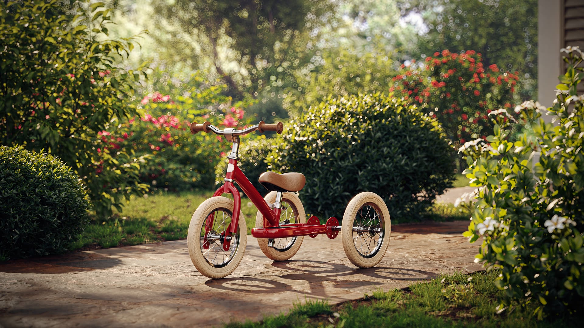 3D rendering of a red trike toy posed in a leafy outdoor garden setting