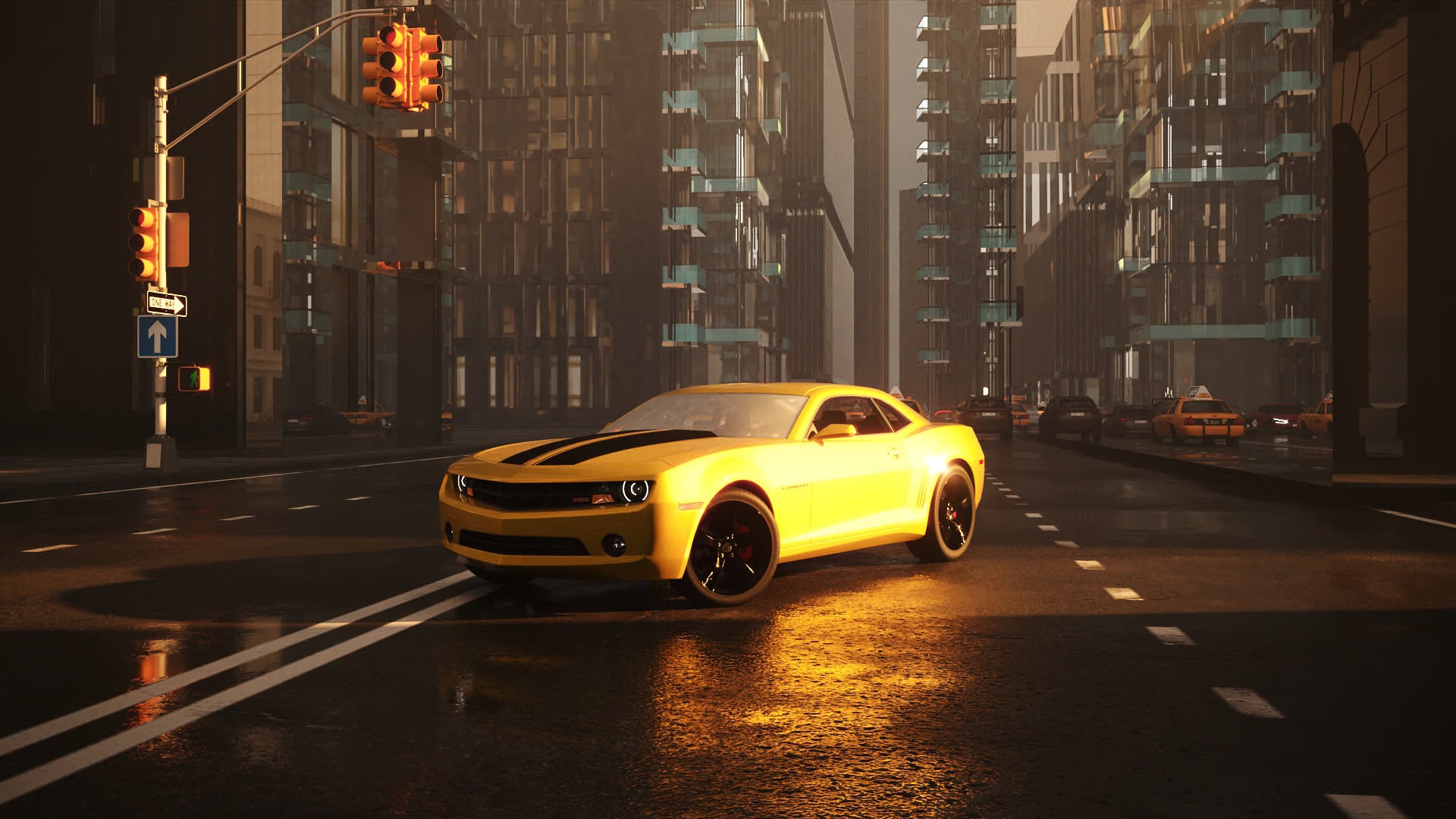 Trade-show key visual 3D rendering of a cinematic yellow sports car on a wet city street at dusk