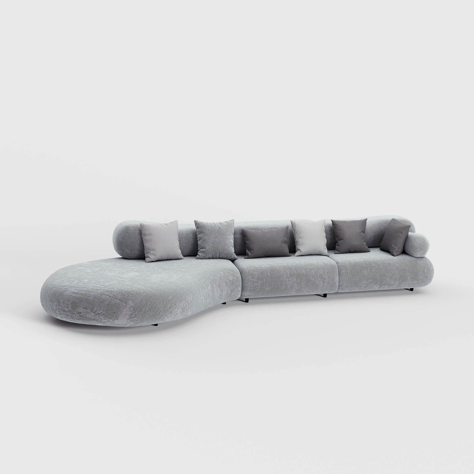 Preview rendering of a 360 view of a modern gray sectional sofa with cushions