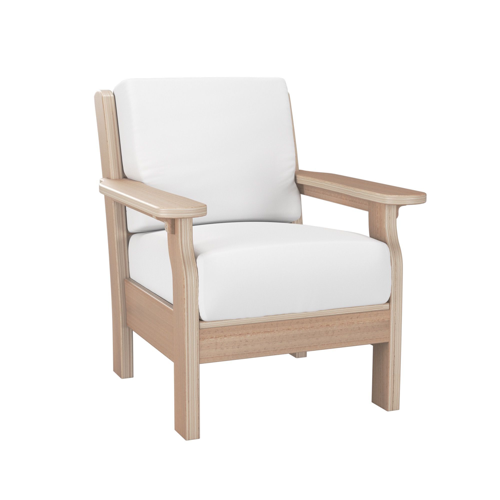Wooden armchair with white upholstery shown in 360° view, created with 3D modeling