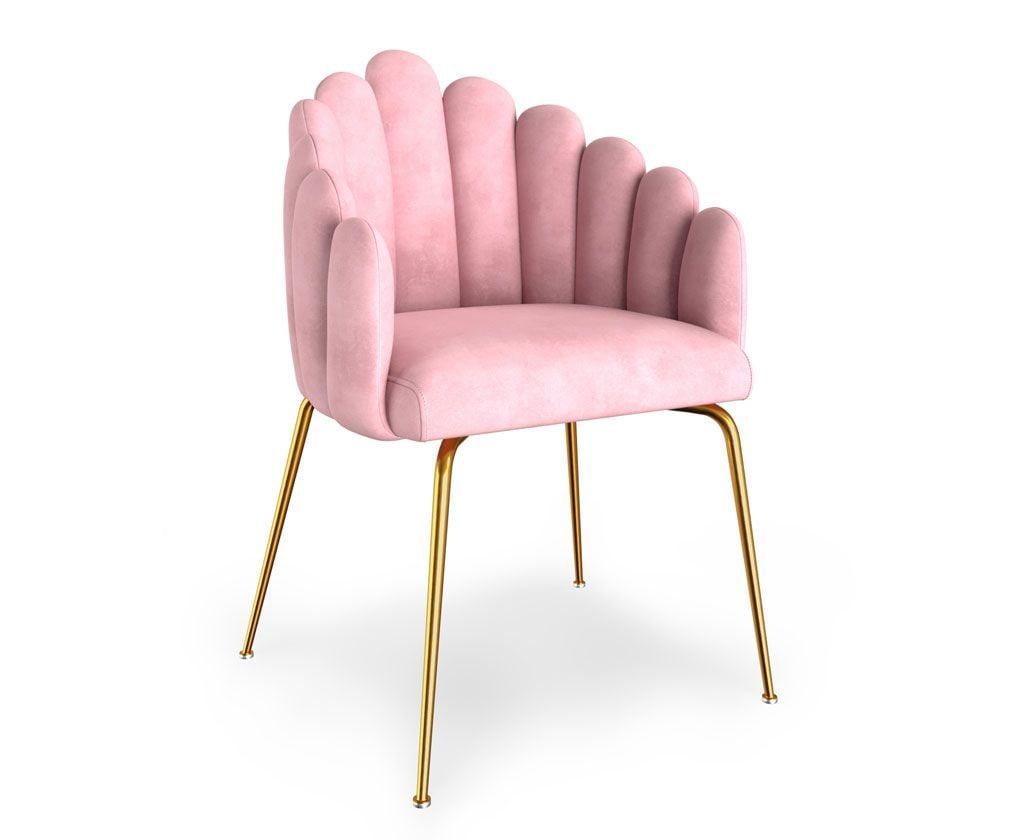 Silo rendering of pink upholstered chair with scalloped backrest and golden metal legs on white background