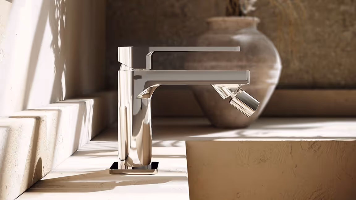 3D rendering of a modern chrome bathroom fixture placed on a stone countertop