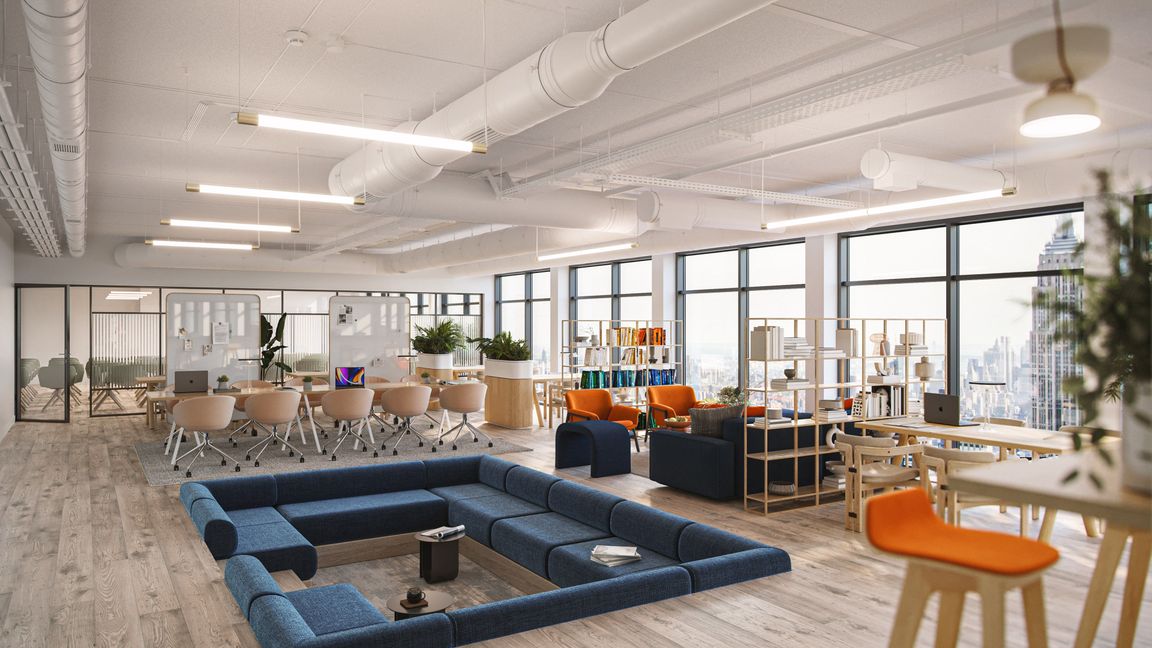 A linear ceiling light is shown in a 3D office rendering with bright furniture