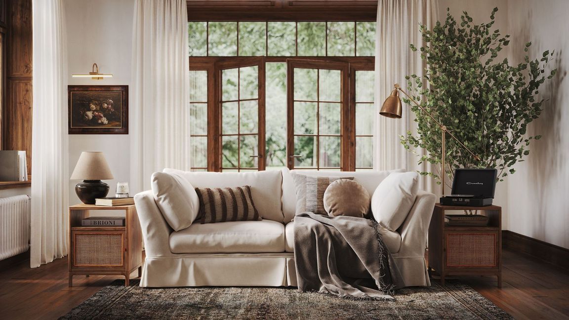 3D Visualization for a white sofa in a living room with a large window
