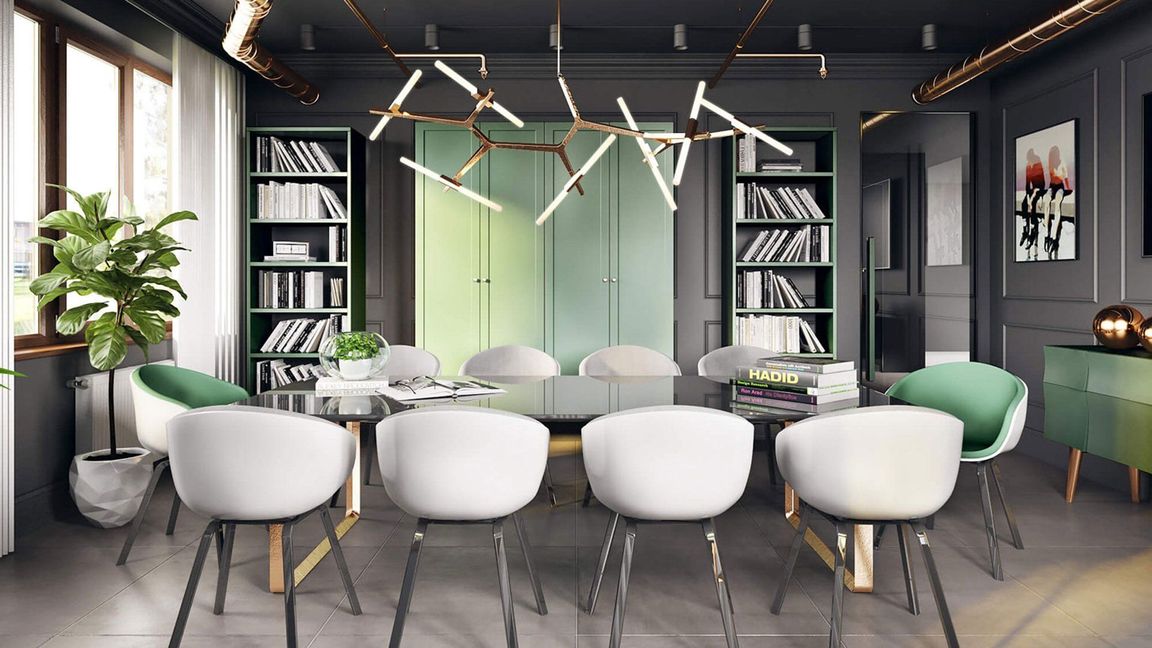 3D furniture modeling and rendering showcasing a modern office interior with chairs and a table, highlighting 3D interior visualization and photorealistic rendering.