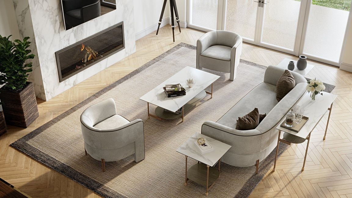 Realistic 3D rendering of a trendy living room showcasing house fittings visualization and interior design.