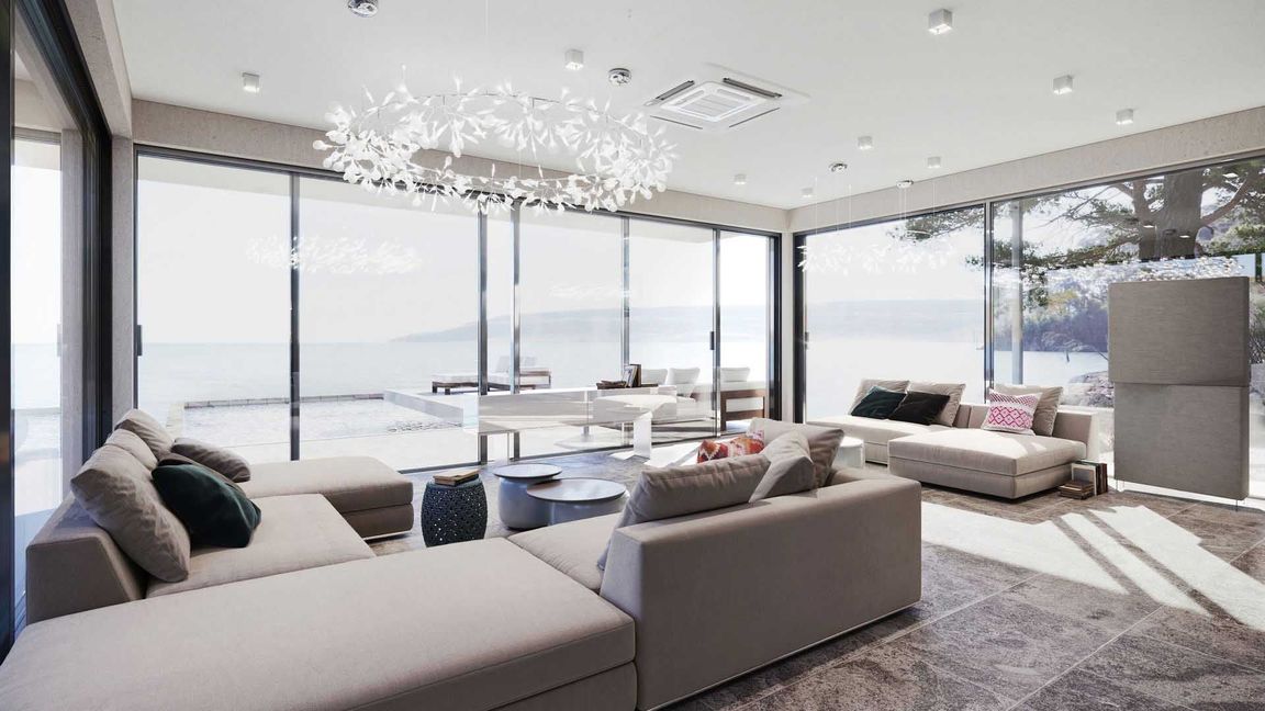 A Shot of Light Living Space with Beige Couches