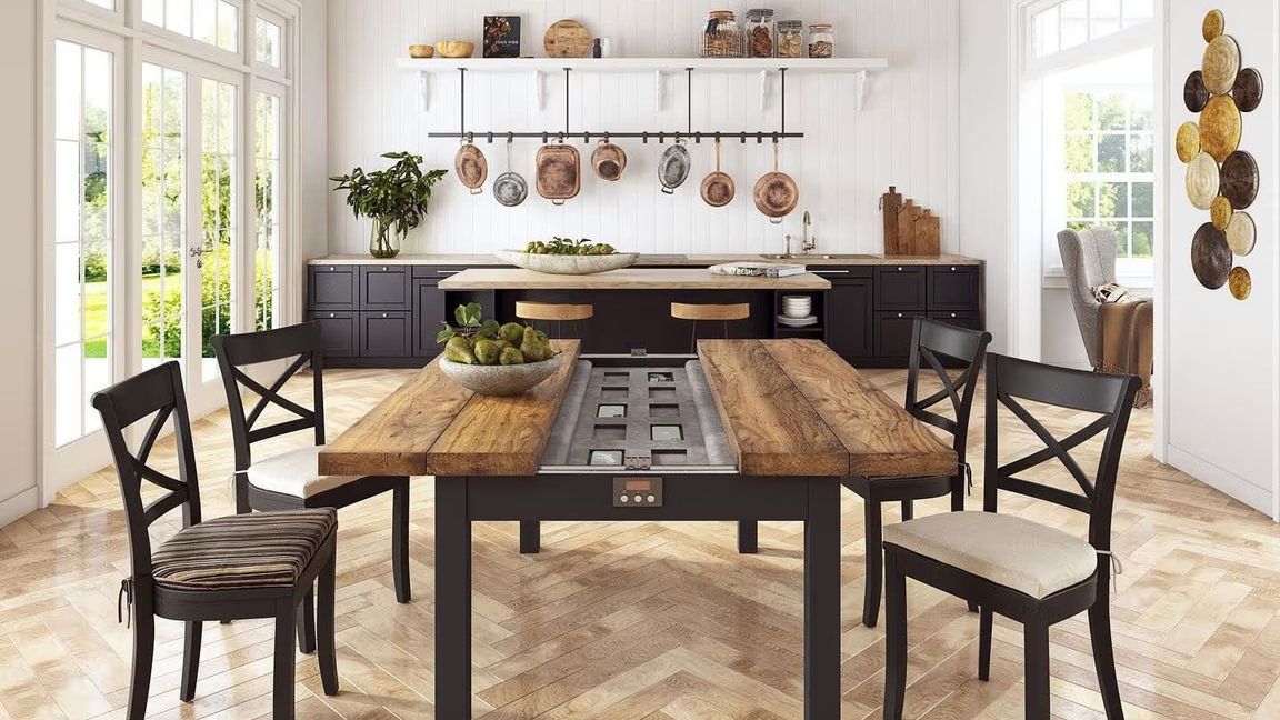 Lifestyle 3D render of a rustic dining room with wooden table, black chairs, and kitchen decor.