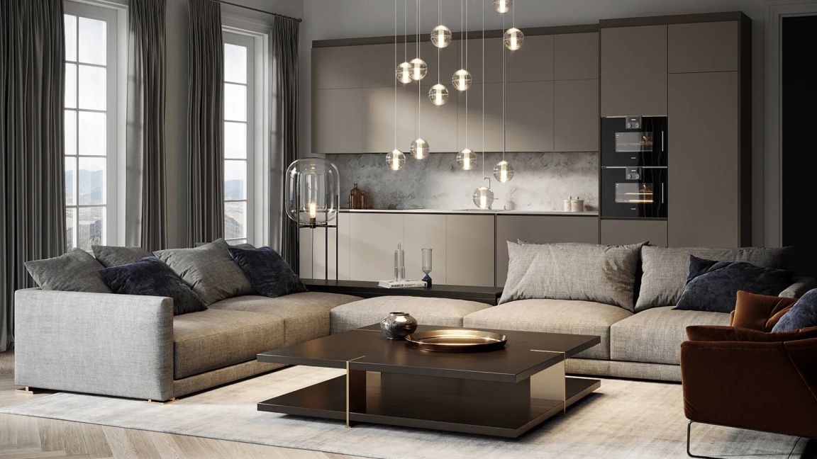 3D Lifestyle visualization for living room with a sofa, armchair and coffee table 