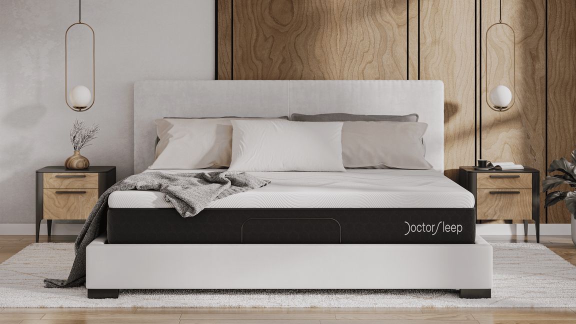 3D Rendering for a bed in a cozy bedroom with bedside cabinets and pendant lights