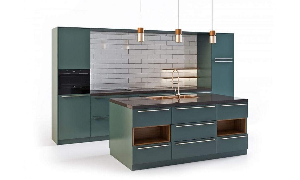 Green kitchen cabinetry 3D model on white background
