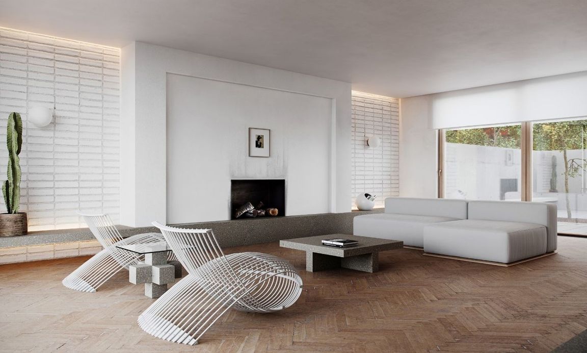 Living room furniture rendered in a minimal scene