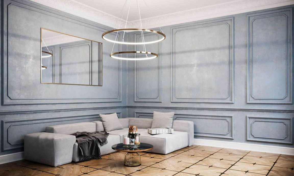 3D Rendering for a lifestyle with a sofa, coffee table, and a modern chandelier