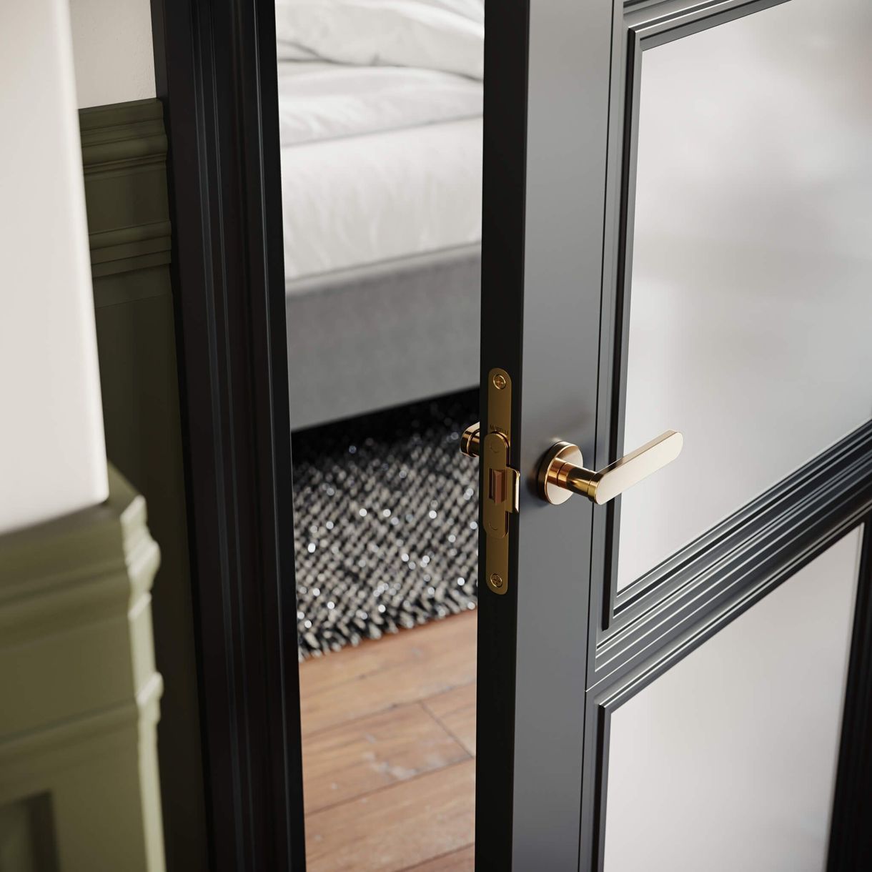 Photorealistic 3D rendering of an interior door with brass handle, showcasing high-quality 3D visualization and modeling.