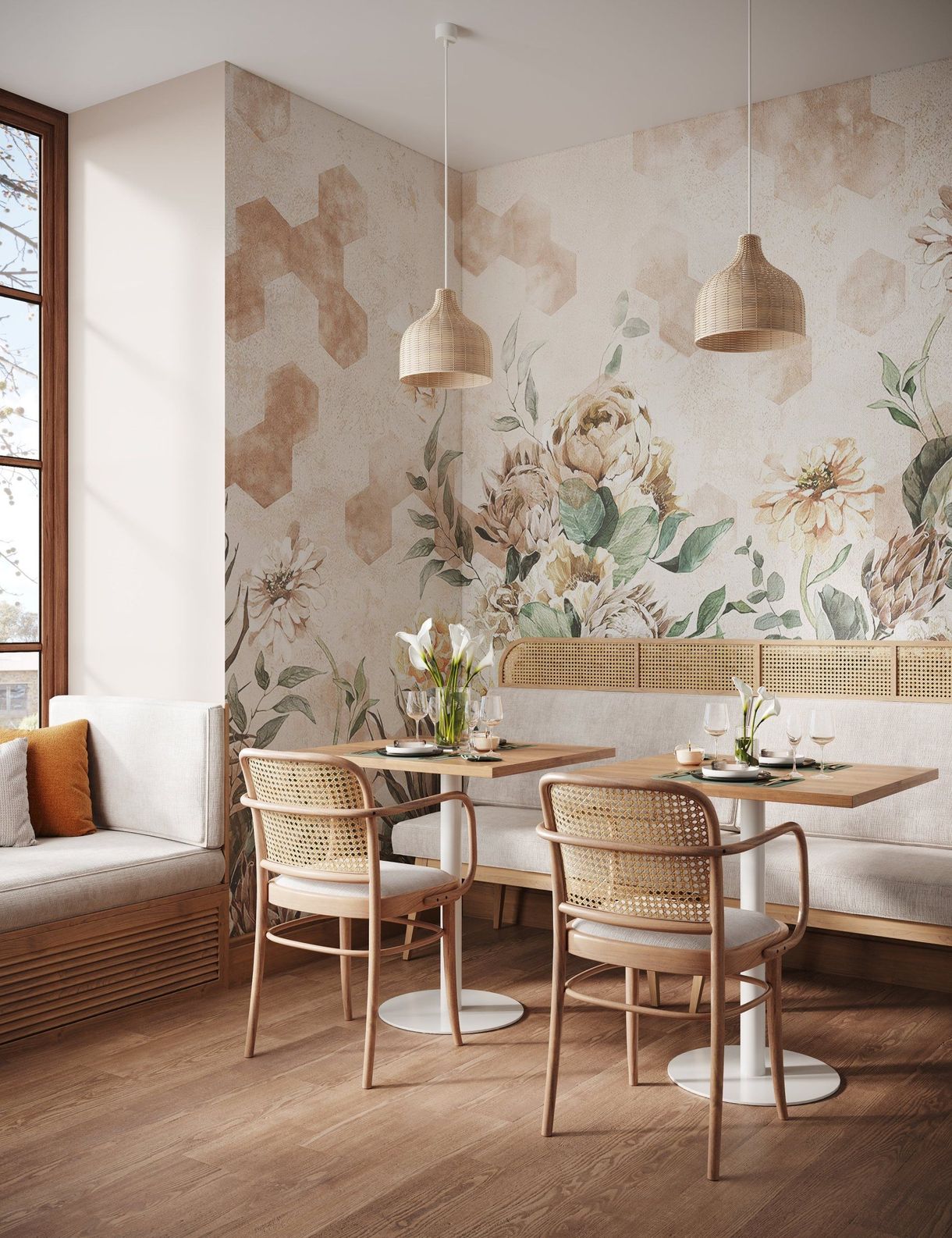 Photorealistic 3D rendering of a modern dining area with wooden furniture and floral wall design, showcasing 3D furniture modeling and visualization.