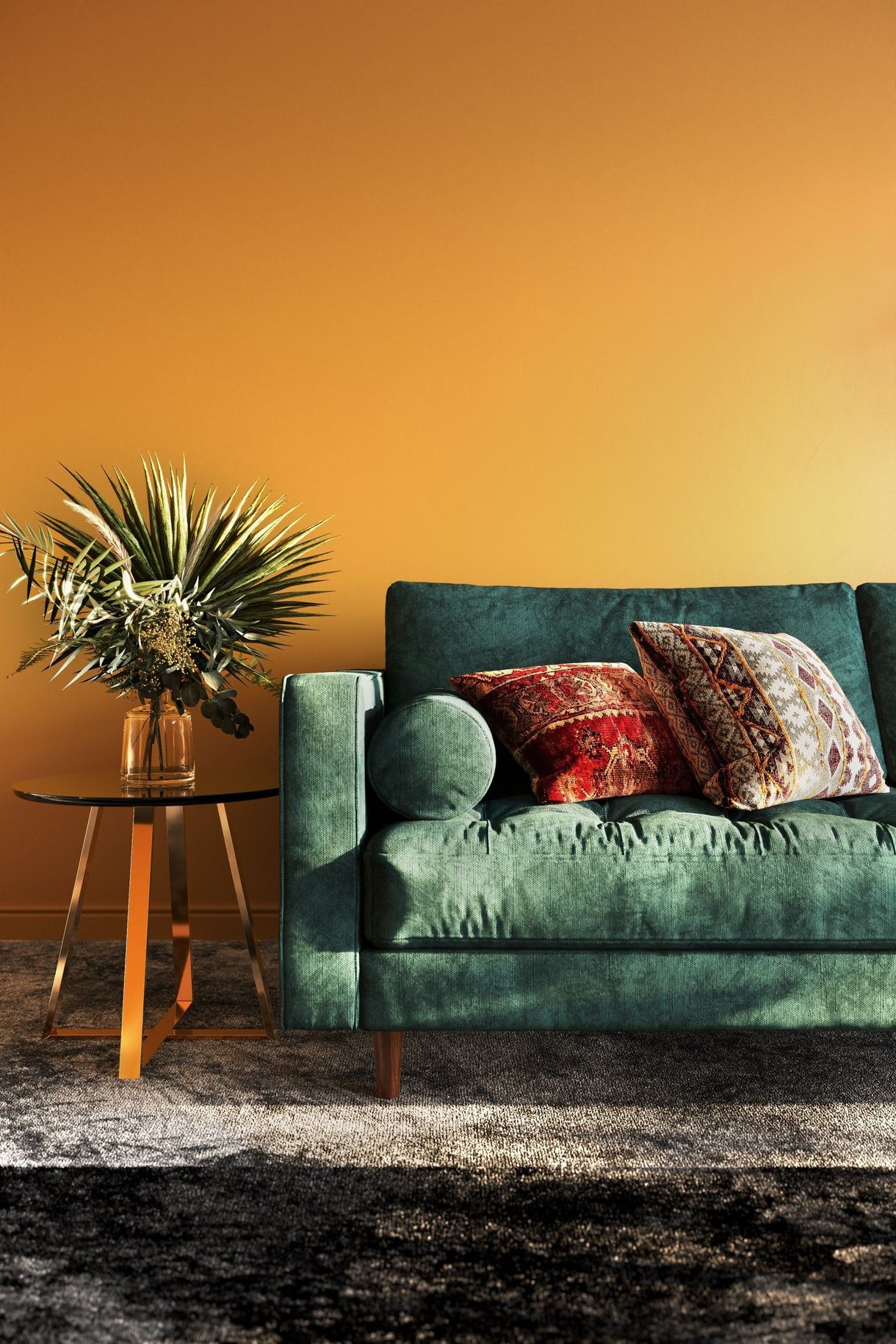3D furniture rendering showcasing a modern green sofa with decorative pillows and a side table, highlighting photorealistic interior visualization.