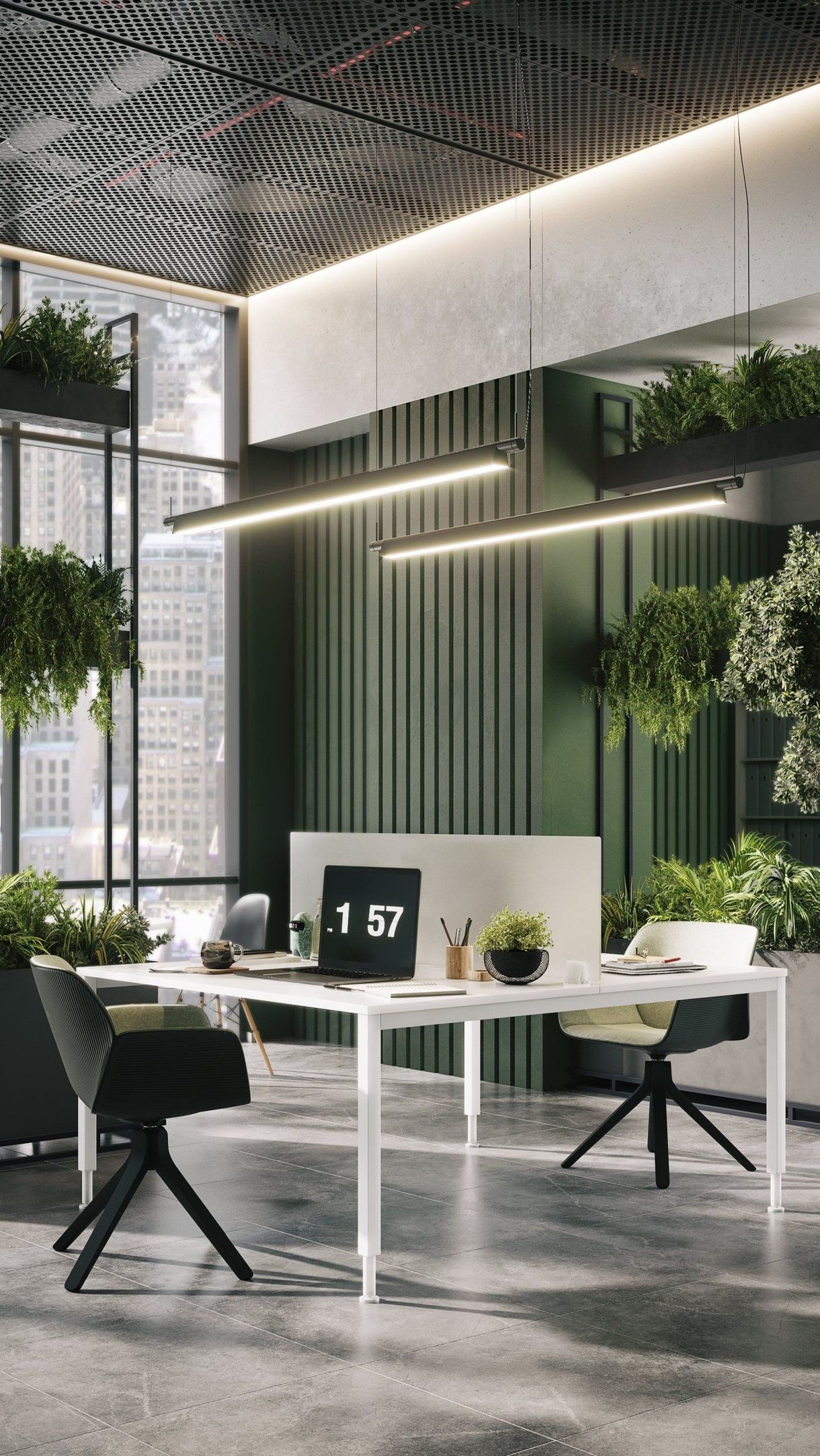 3D rendered image of a modern office space with green accents