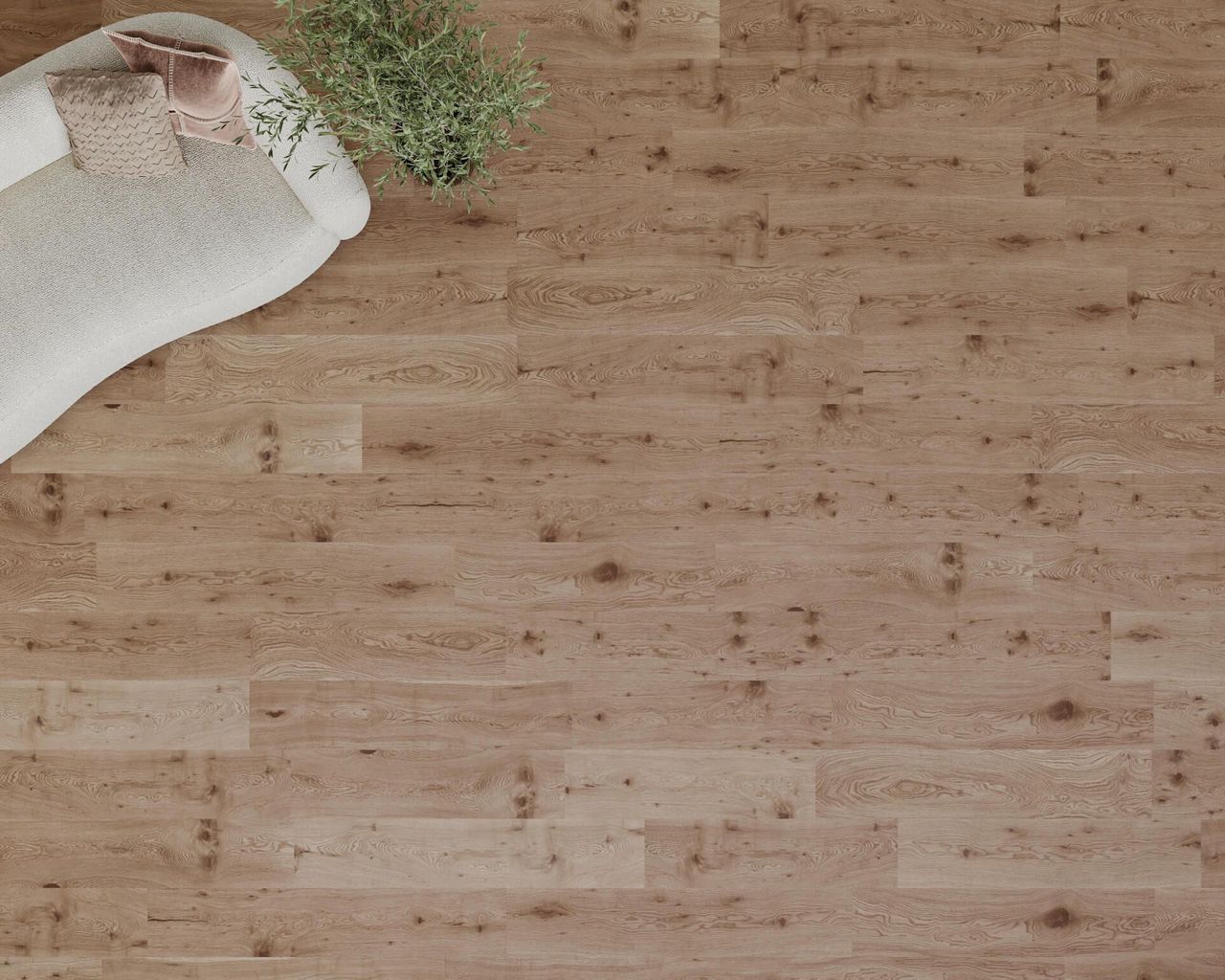 3D visualization of light brown wooden flooring with sofa, pillow and indoor plant in top view