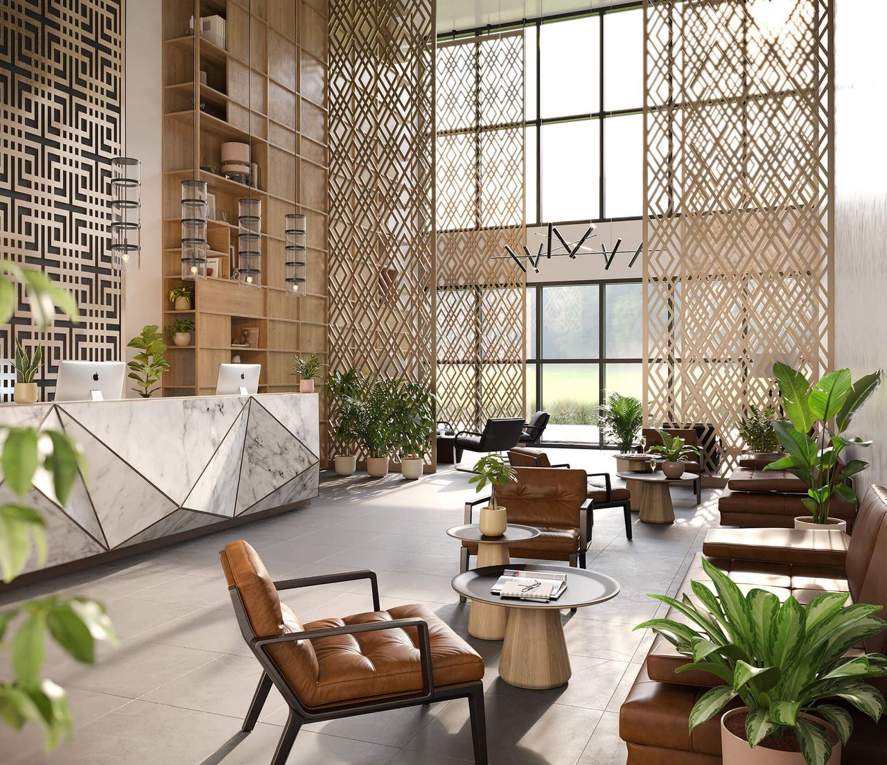 High-quality 3D rendering of a modern lobby showcasing bespoke furniture and interior design, featuring photorealistic visualization and CG rendering.