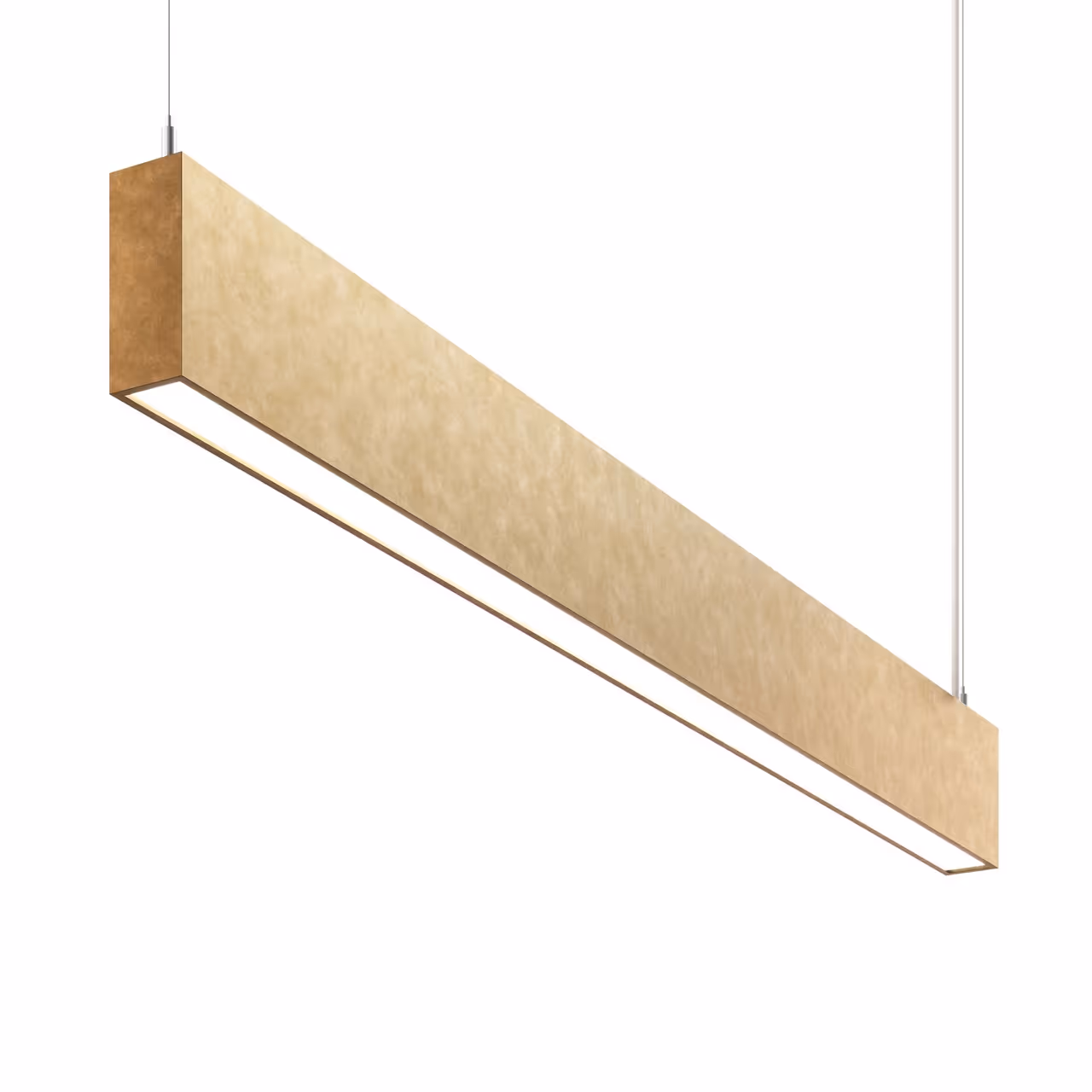 A honey wood linear pendant with a slim LED opening displayed with sharp detail in a photorealistic product render