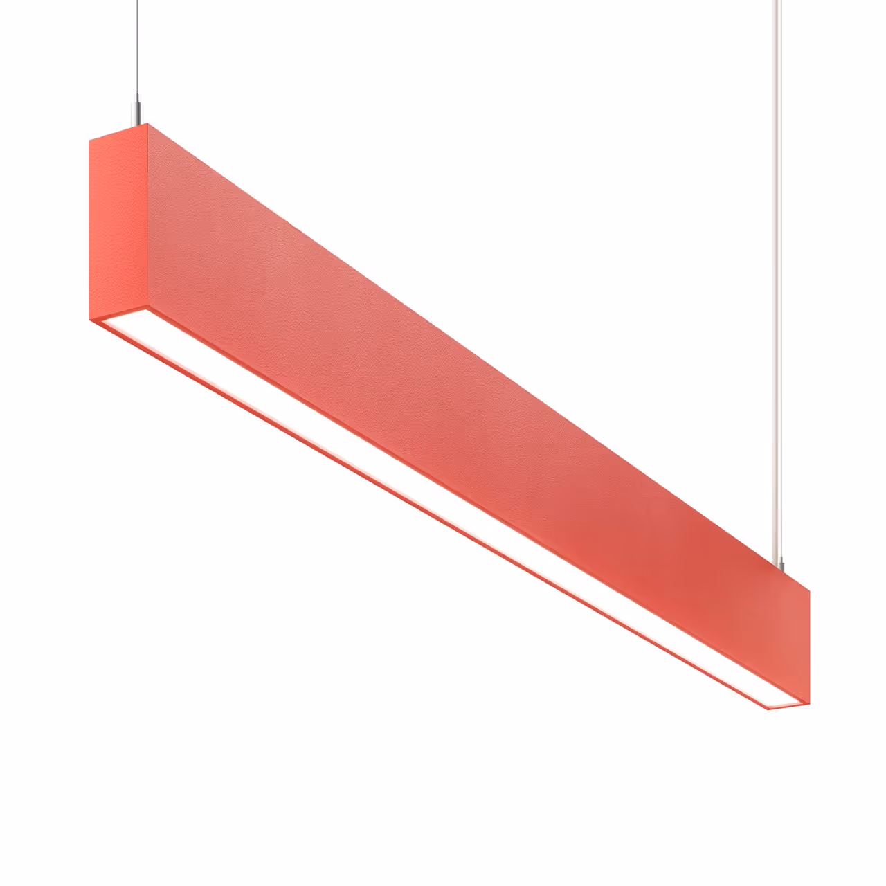 A red coated linear LED pendant with soft edge reflections displayed in a photorealistic product render