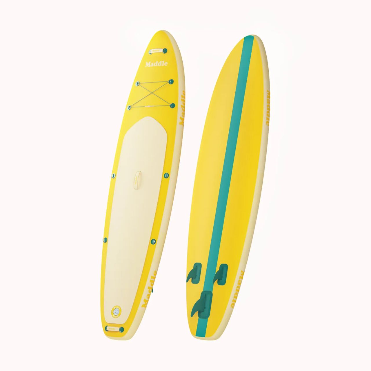 3D product model of a yellow surfboard showcasing photorealistic rendering and visualization