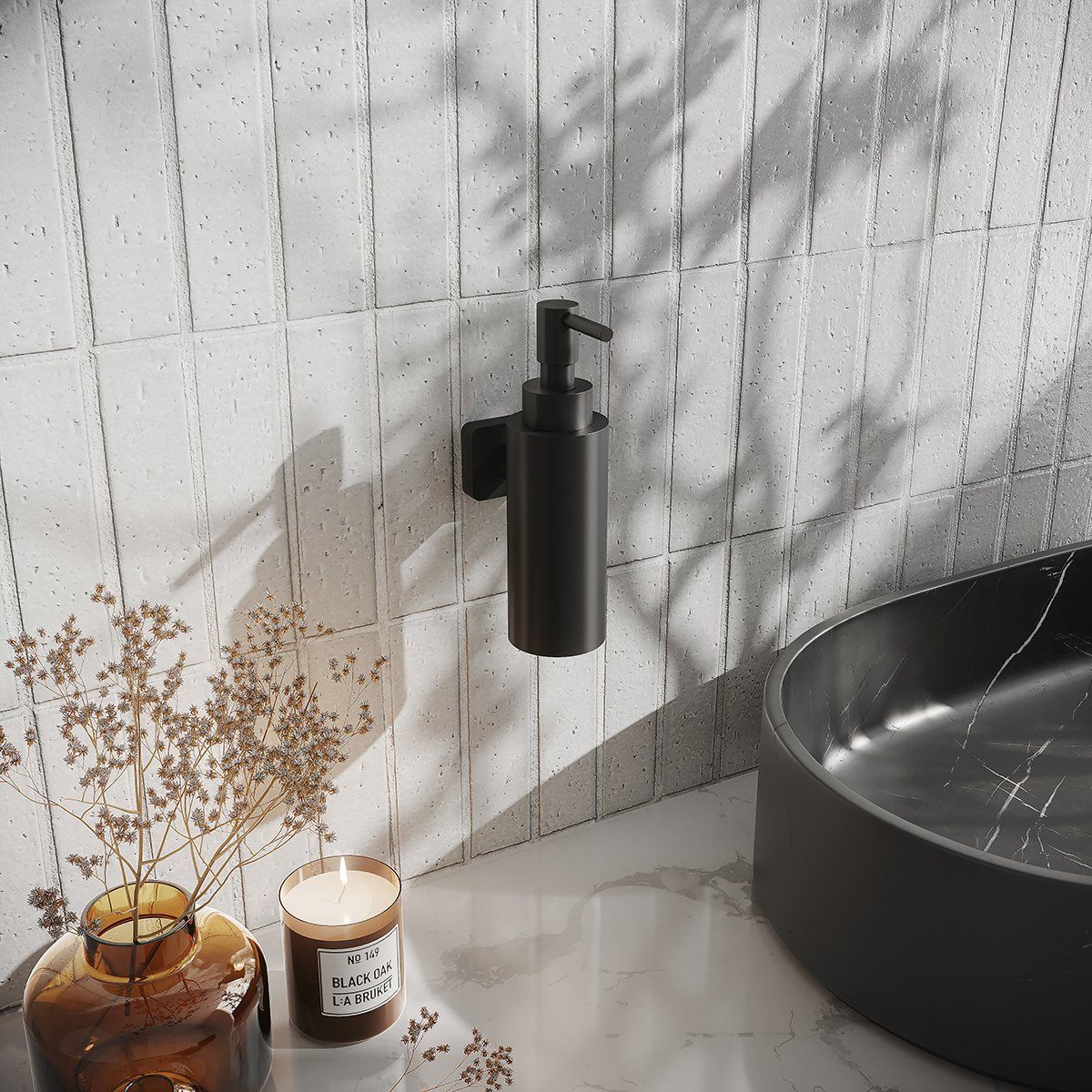 3D rendering of a bathroom scene featuring a black soap dispenser, marble sink, and decorative elements, showcasing photorealistic interior visualization.