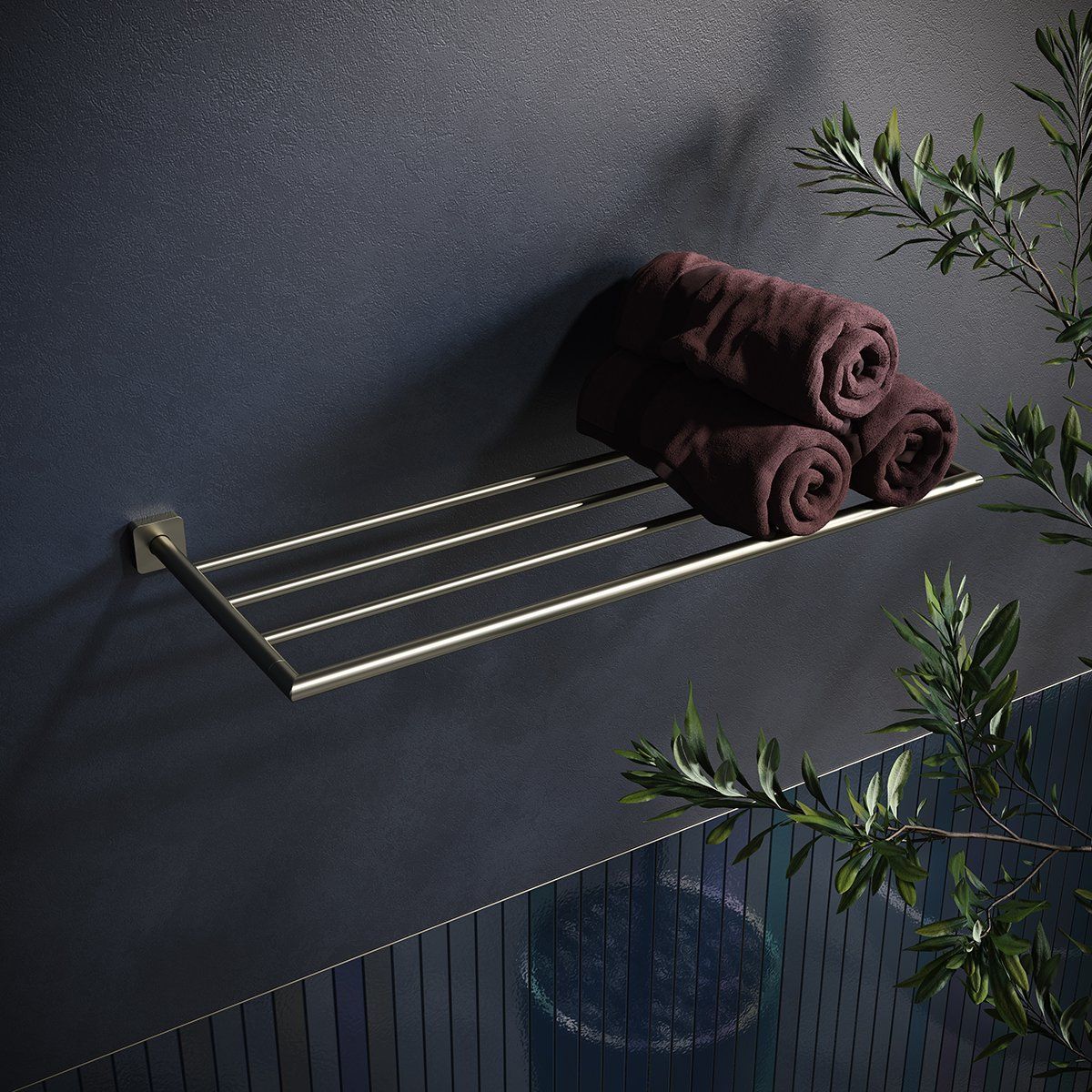 Photorealistic 3D rendering of a towel rack with towels, showcasing top-notch 3D furniture visualization and interior rendering.