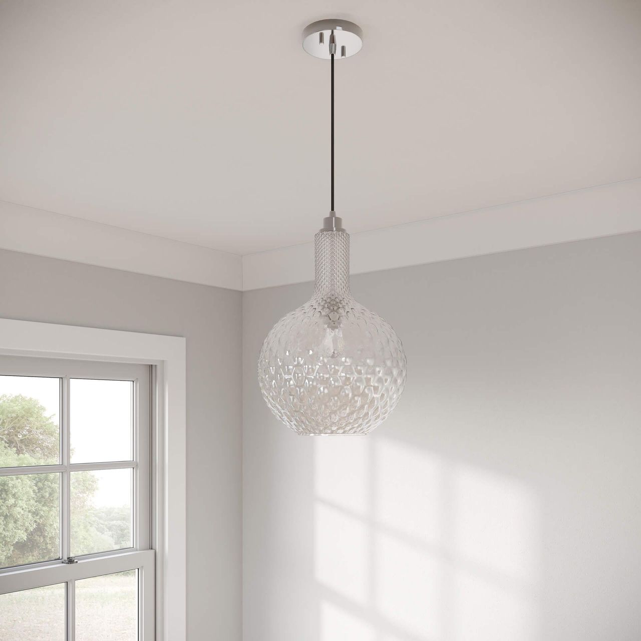 3D rendering of a modern pendant light in a minimalist interior, showcasing realistic lighting and shadow effects for first-class 3D visualization.