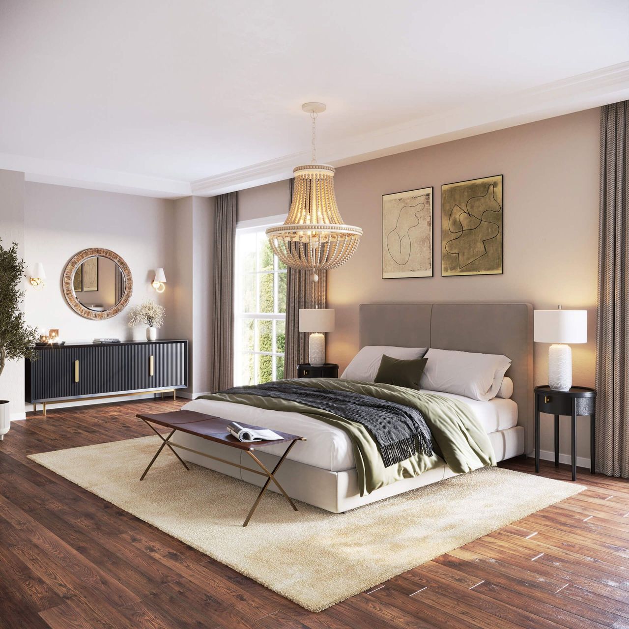 Photorealistic 3D rendering of a trendy bedroom showcasing bespoke house fittings and interior design, featuring a chandelier and elegant decor.