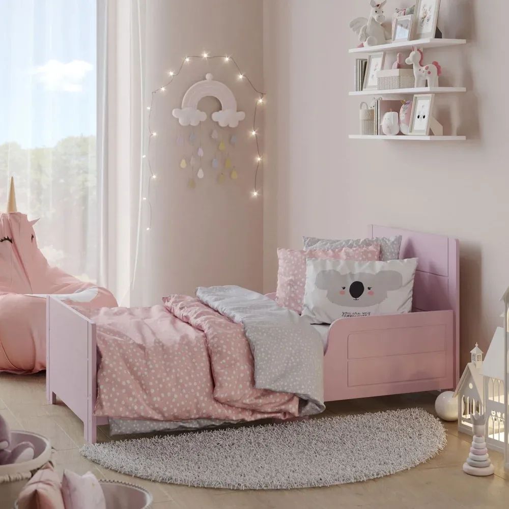 3D visualization services of a cozy children’s bedroom with pink toddler bed and wall shelves with toys