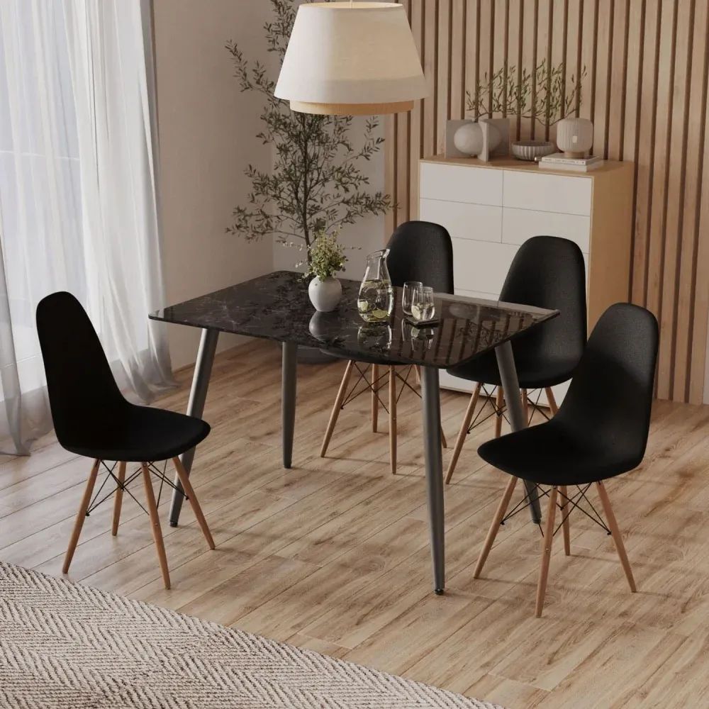 3D visualization of dining room with black chairs, dark square table, and minimalist decor