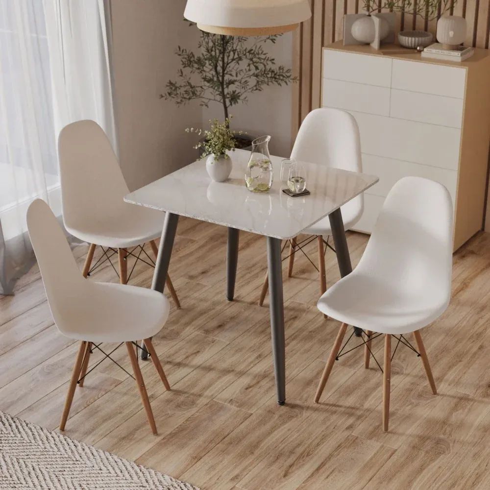 3D visualization of dining room with white chairs, square table, and neutral decor in a bright space
