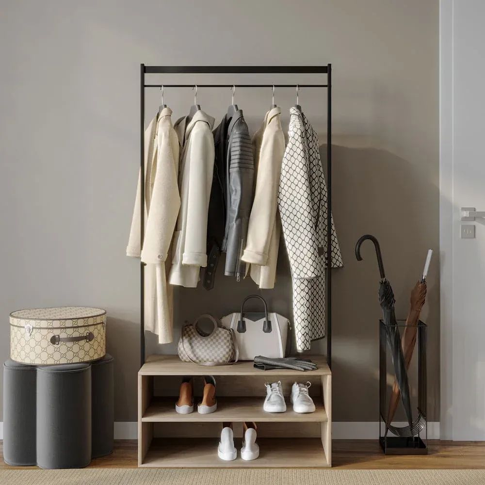 3D visualization of an entryway clothing rack with coats, handbags, and shoes