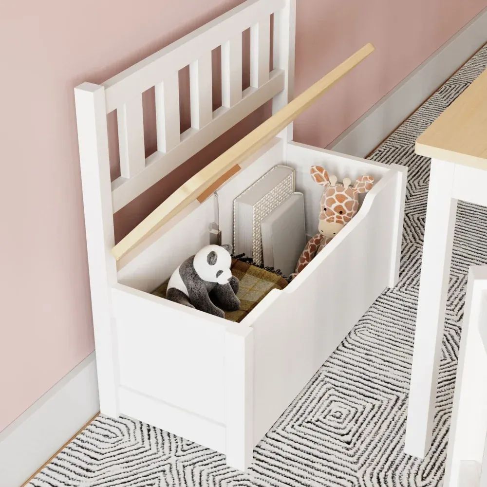 3D visualization services showing a white toy storage bench with open lid and stuffed animals inside
