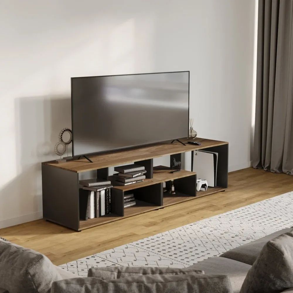 3D visualization of a modern tv console with shelves, books, decor, and a flat-screen television