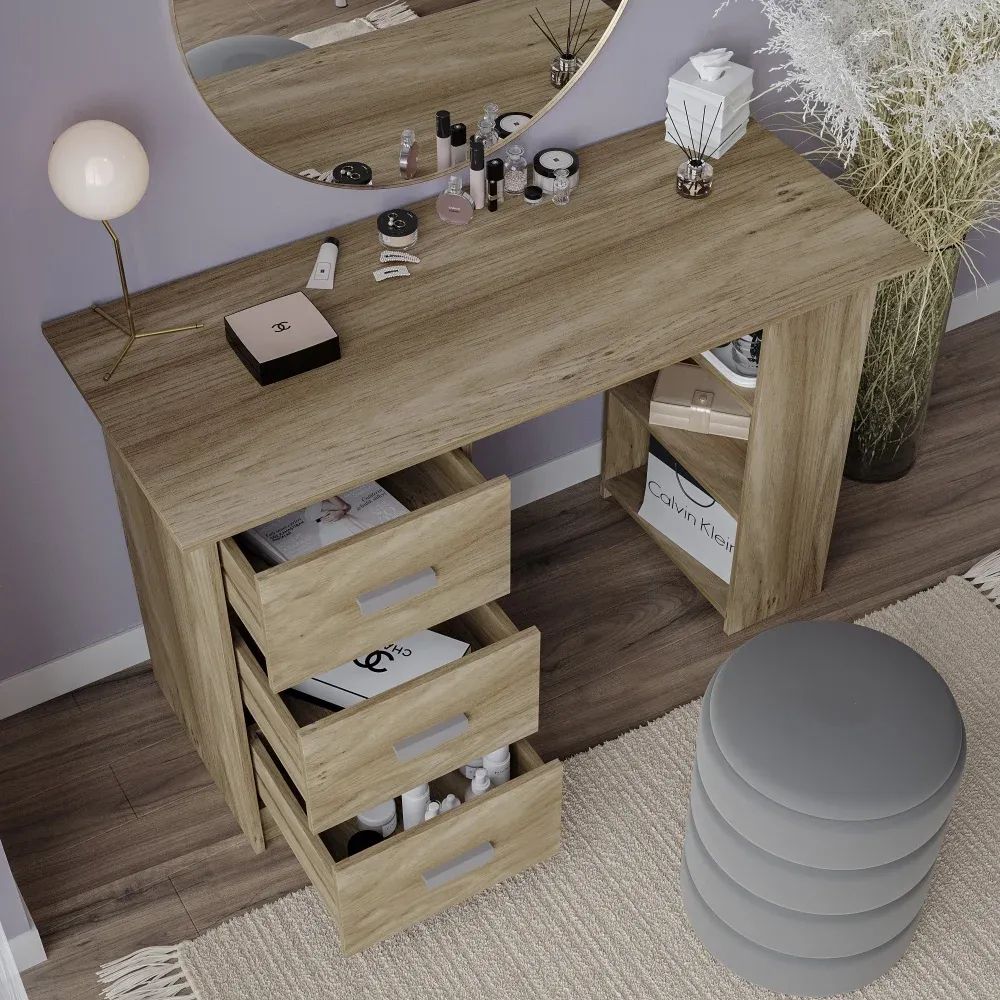 3D visualization services showing a wooden vanity desk with drawers, mirror, and makeup items on top