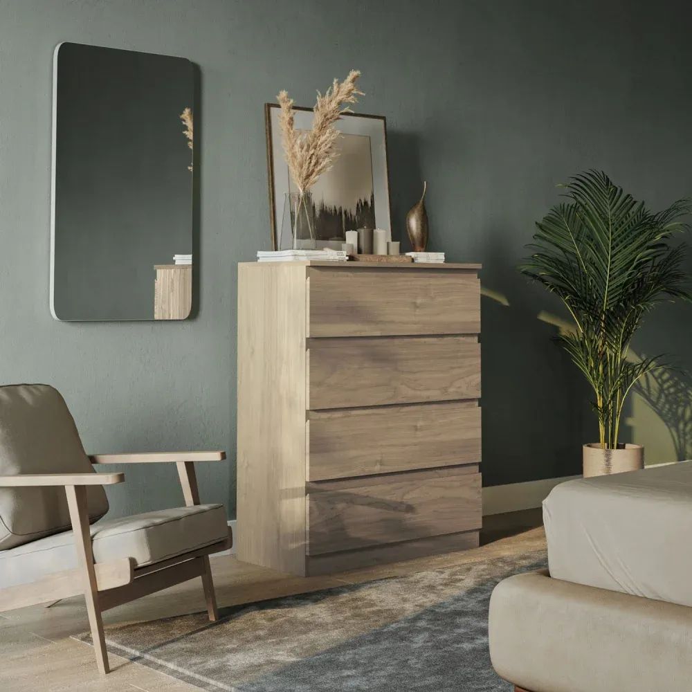 3D visualization of a tall wooden dresser with decor, mirror, and indoor plant in a cozy bedroom