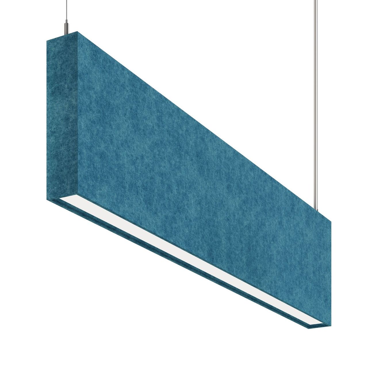 A blue felt linear lighting fixture with a clean LED slot viewed from an angle in a photorealistic product render