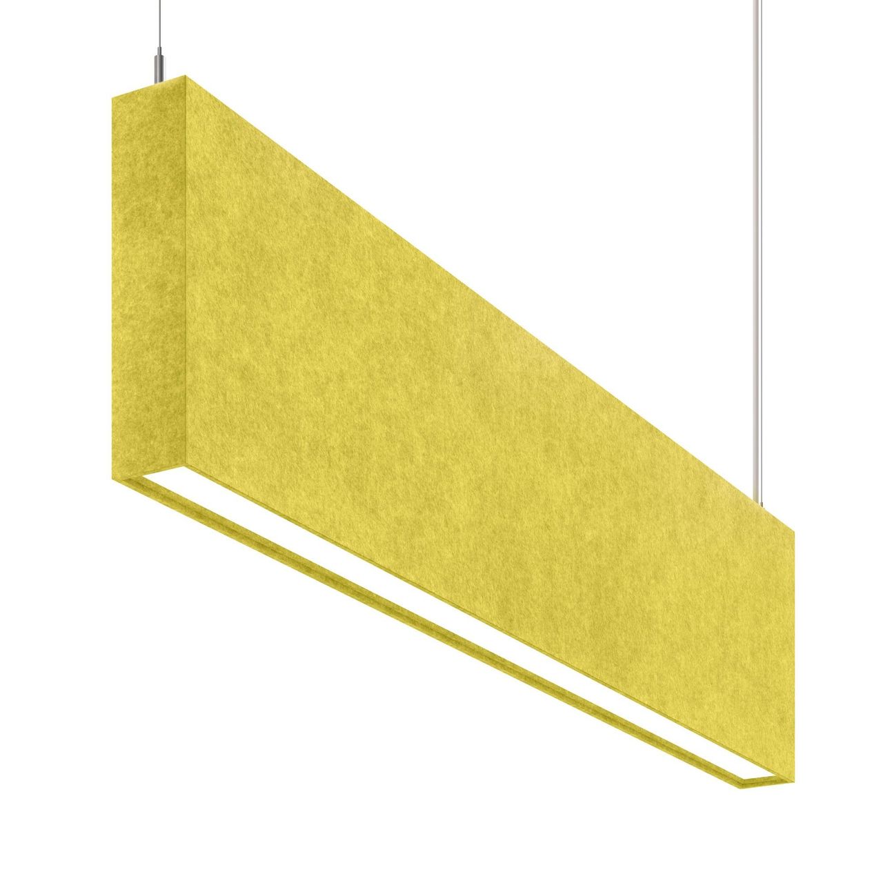 A yellow felt linear pendant with a slim light channel hanging from two cables in a photorealistic product render