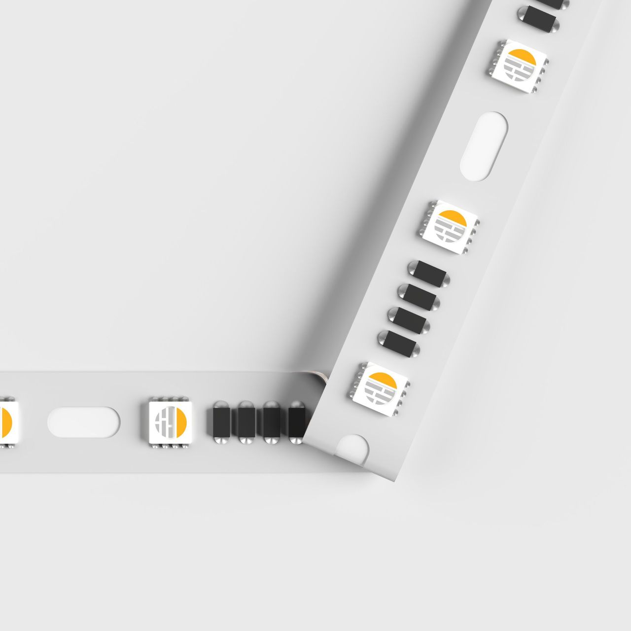 3D rendering for lighting showing a flexible strip bent around a sharp corner with visible components